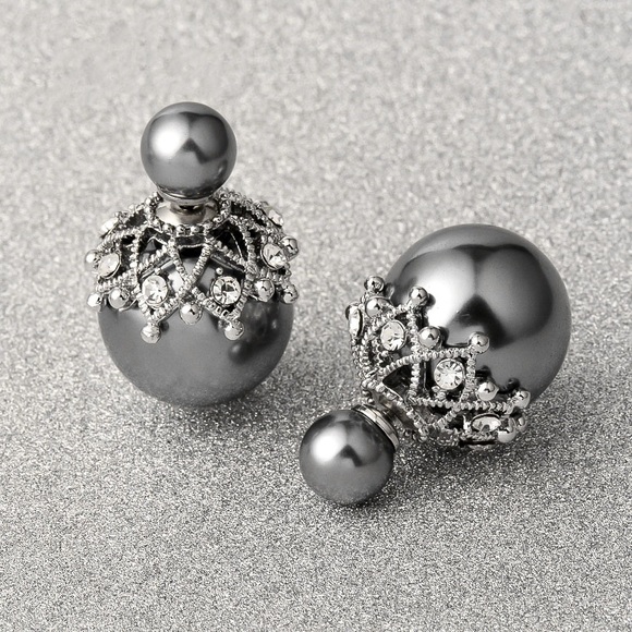 Pearlescent Gray Silver Crystal Pave Double Studs - Picture 2 of 8
